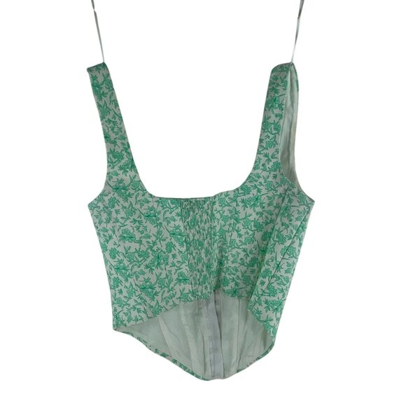Zara Mint Green Floral Poplin Corset Top Sz M Cotton Blend Smocked Cropped - Picture 4 of 7